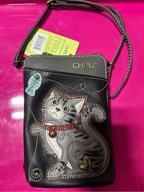 Chala Black and Gray Cat Applique Crossbody Wallet